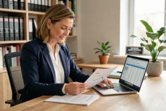 Femme professionnelle analysant des documents de revenus locatifs meublés sur son bureau à domicile pour le statut LMNP ou LMP