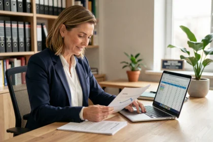 Femme professionnelle analysant des documents de revenus locatifs meublés sur son bureau à domicile pour le statut LMNP ou LMP