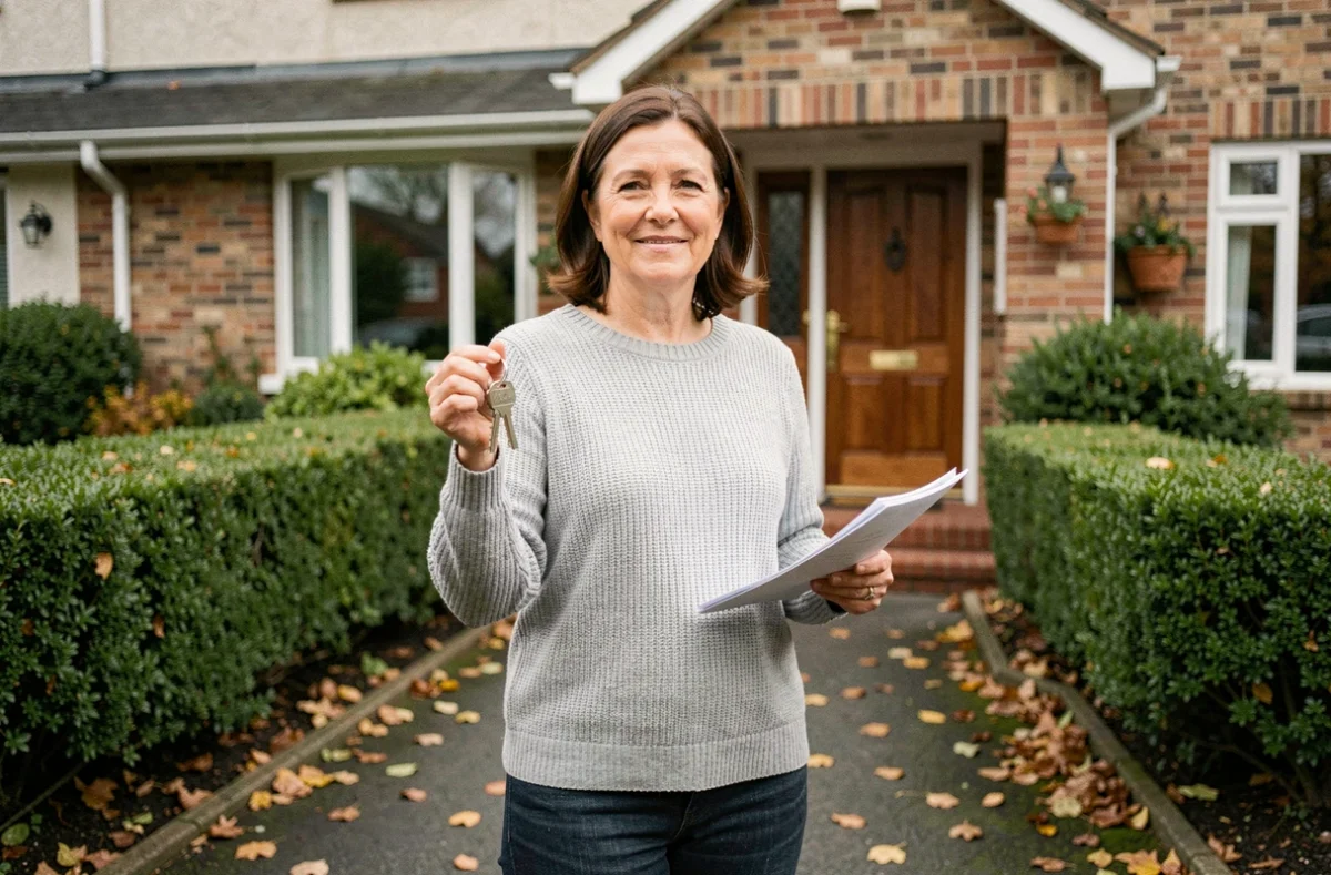 Femme propriétaire devant sa maison tenant ses clés et son contrat d'assurance garantie hypothécaire après une acquisition immobilière réussie