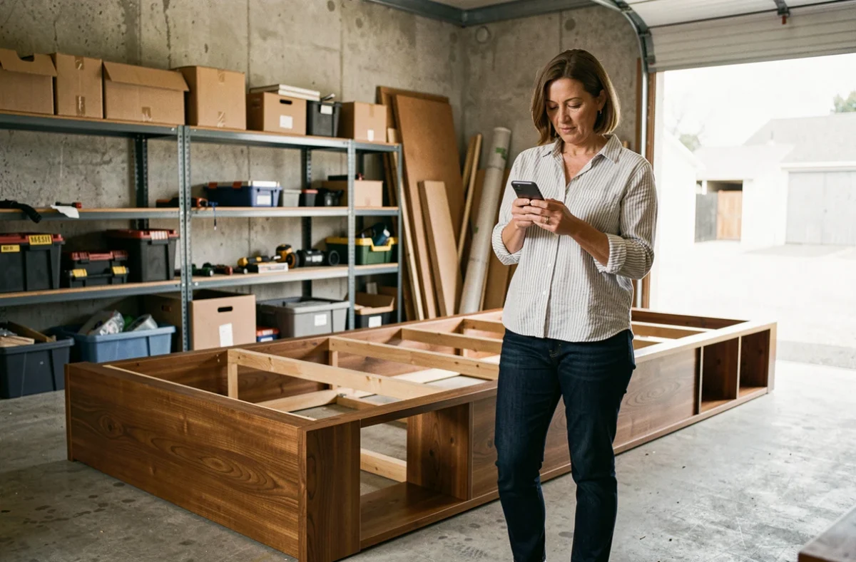 Femme consultant son téléphone dans un garage pour trouver une solution pour se débarrasser d'une étagère lourde démontée