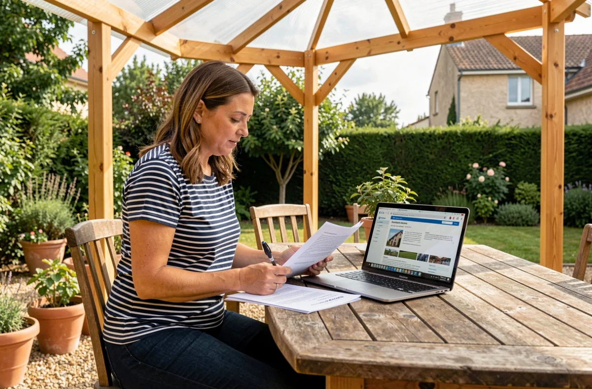 Femme consultant des documents sur la réglementation des gazebos sans permis de construire, assise dans une pergola de jardin