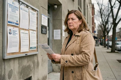 Femme sans revenu devant un bureau d'aide sociale tenant un formulaire administratif