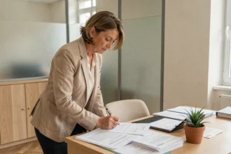 Femme signant un contrat de location dans un bureau notarial parisien, illustrant la réalité des locataires en France