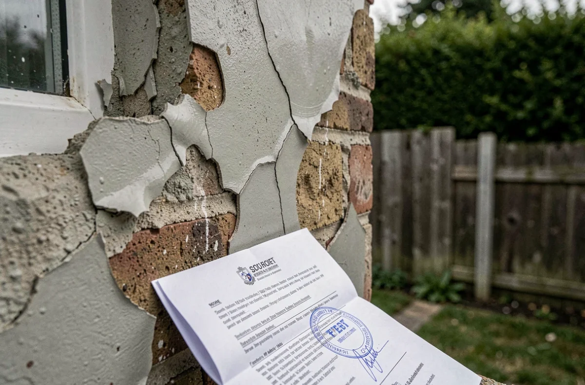 Fissures et malfaçons sur un mur extérieur de maison avec document de recours juridique contre artisan sans assurance décennale