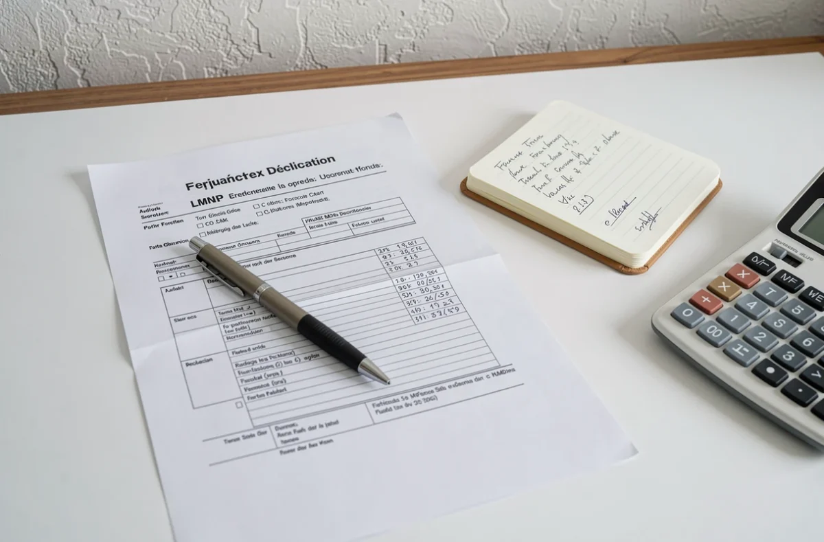 Formulaire de déclaration fiscale LMNP posé sur un bureau avec stylo, calculatrice et notes manuscrites