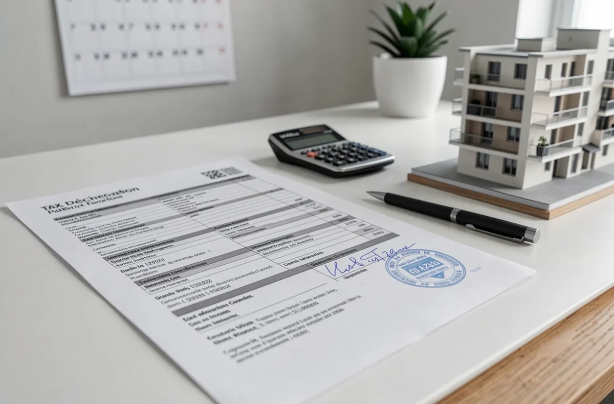 Formulaire de déclaration fiscale et modèle d'appartement sur un bureau pour illustrer la loi Scellier et ses prolongations