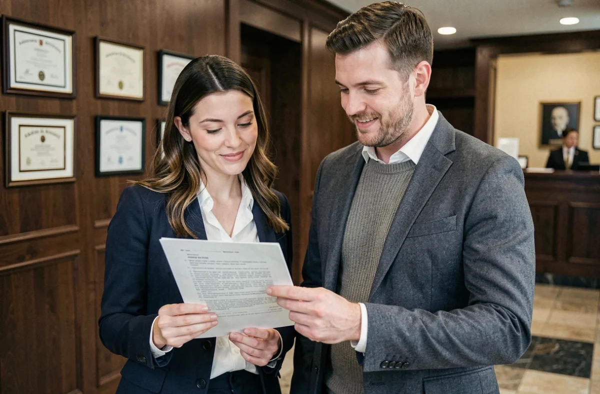Deux locataires examinant un document de garantie de loyer alternative dans un cabinet juridique