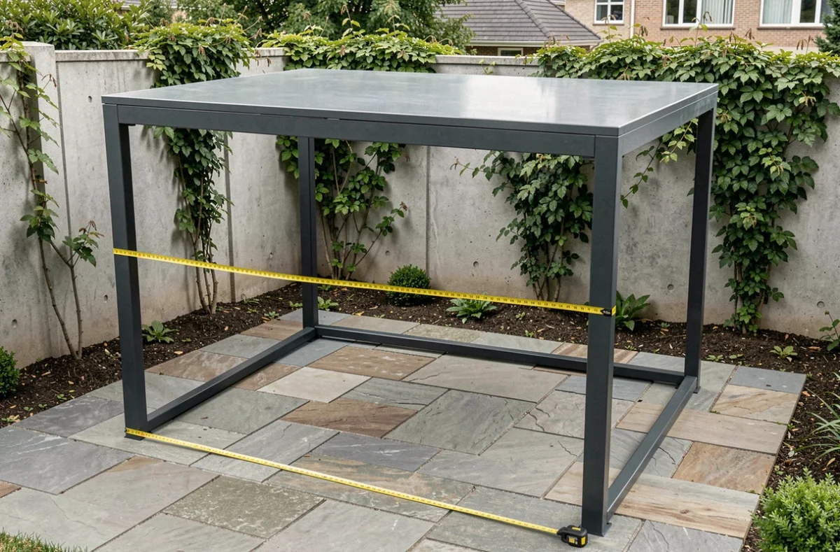 Gazebo moderne en aluminium anthracite sur une terrasse en pierre avec un mètre ruban au sol, illustrant les dimensions maximales autorisées sans permis