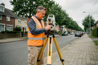 Géomètre expert effectuant un relevé cadastral dans une rue résidentielle avec station totale