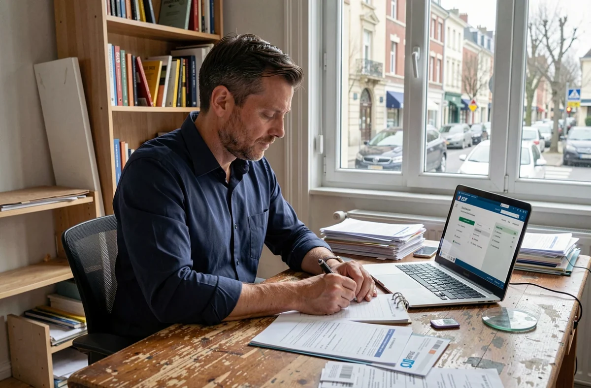 Homme gérant le changement d'adresse EDF sur ordinateur portable avec documents de déménagement
