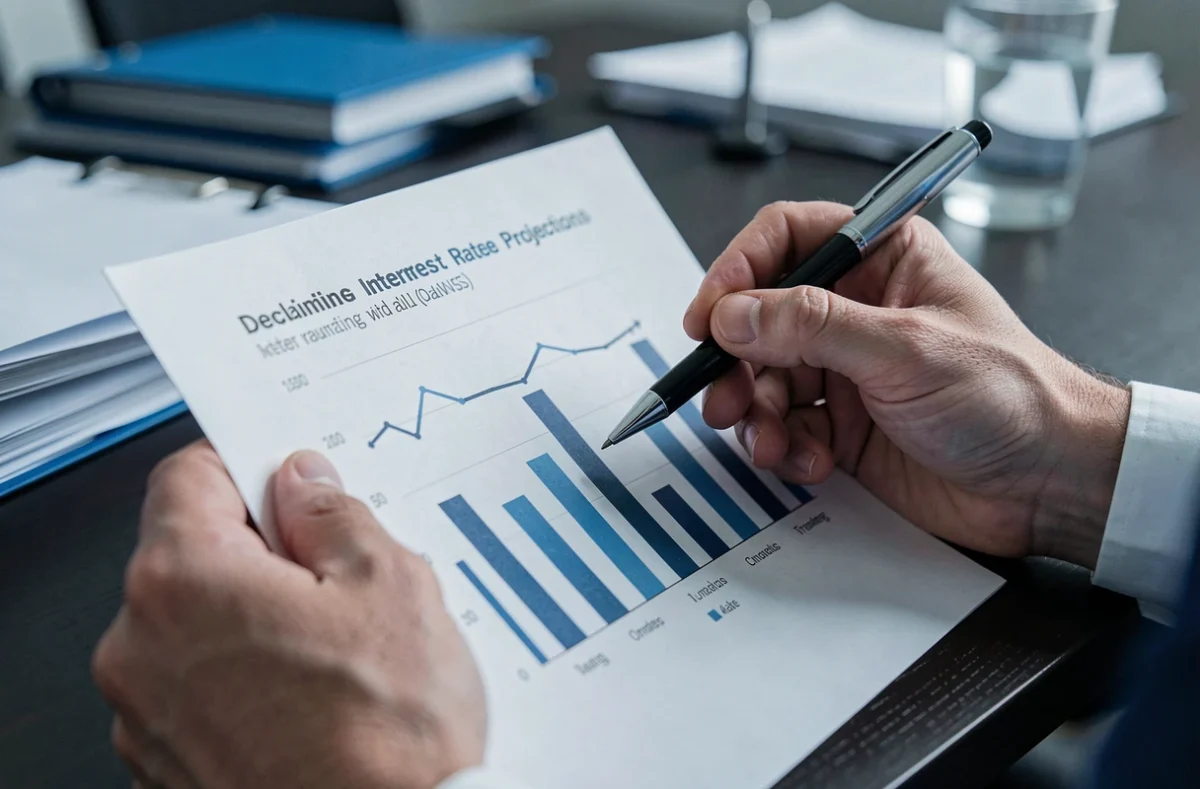 Mains tenant un graphique de prévision de baisse des taux d'emprunt en 2026 lors d'une réunion professionnelle