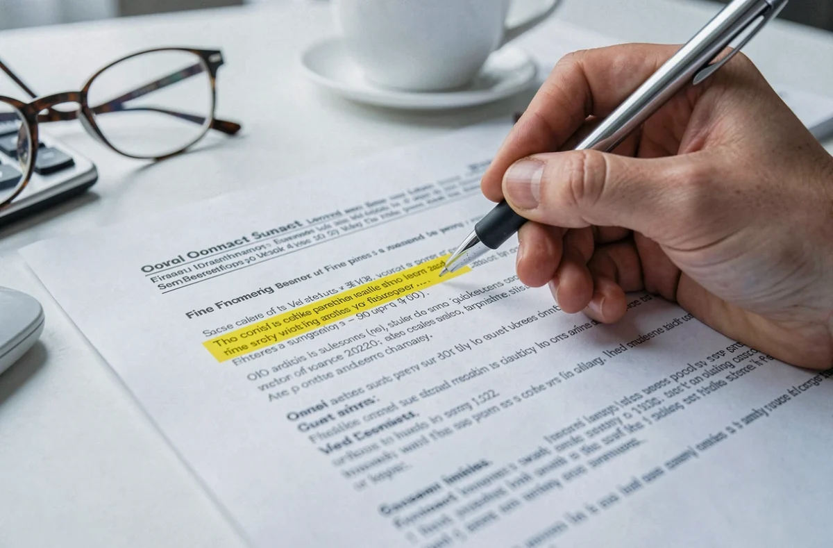 Gros plan d'un contrat financier avec une clause sur la pénalité de remboursement anticipé annotée au marqueur jaune