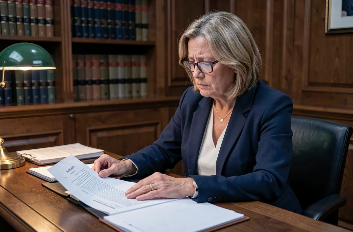 Femme héritière lisant un document notarial relatif au blocage d'une succession immobilière