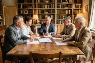 Famille réunie autour d'une table avec des documents juridiques pour discuter de la vente d'une maison en héritage