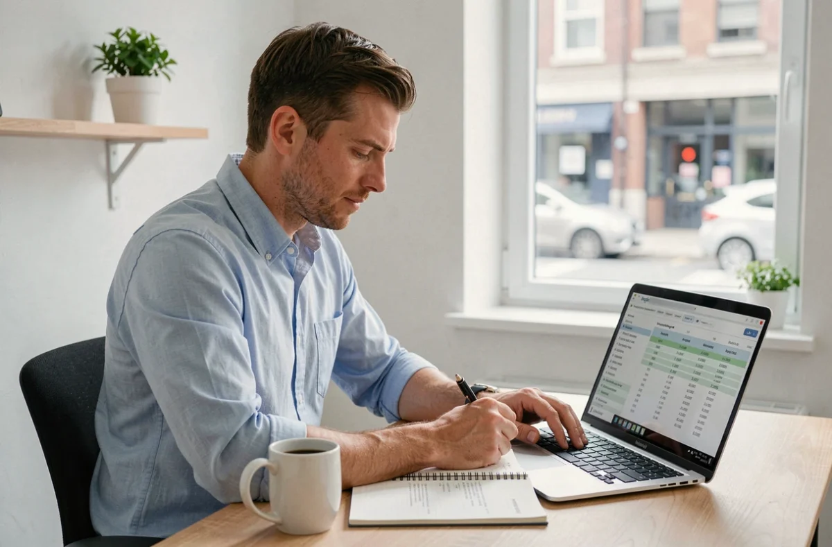 Homme analysant seul les modalités de son prêt immobilier modulable sur ordinateur portable