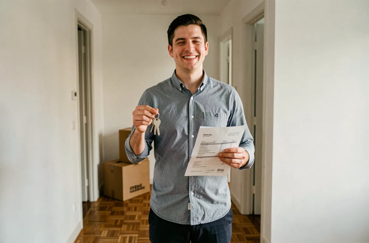 Jeune homme tenant des clés et un contrat de location dans son nouvel appartement après une installation récente