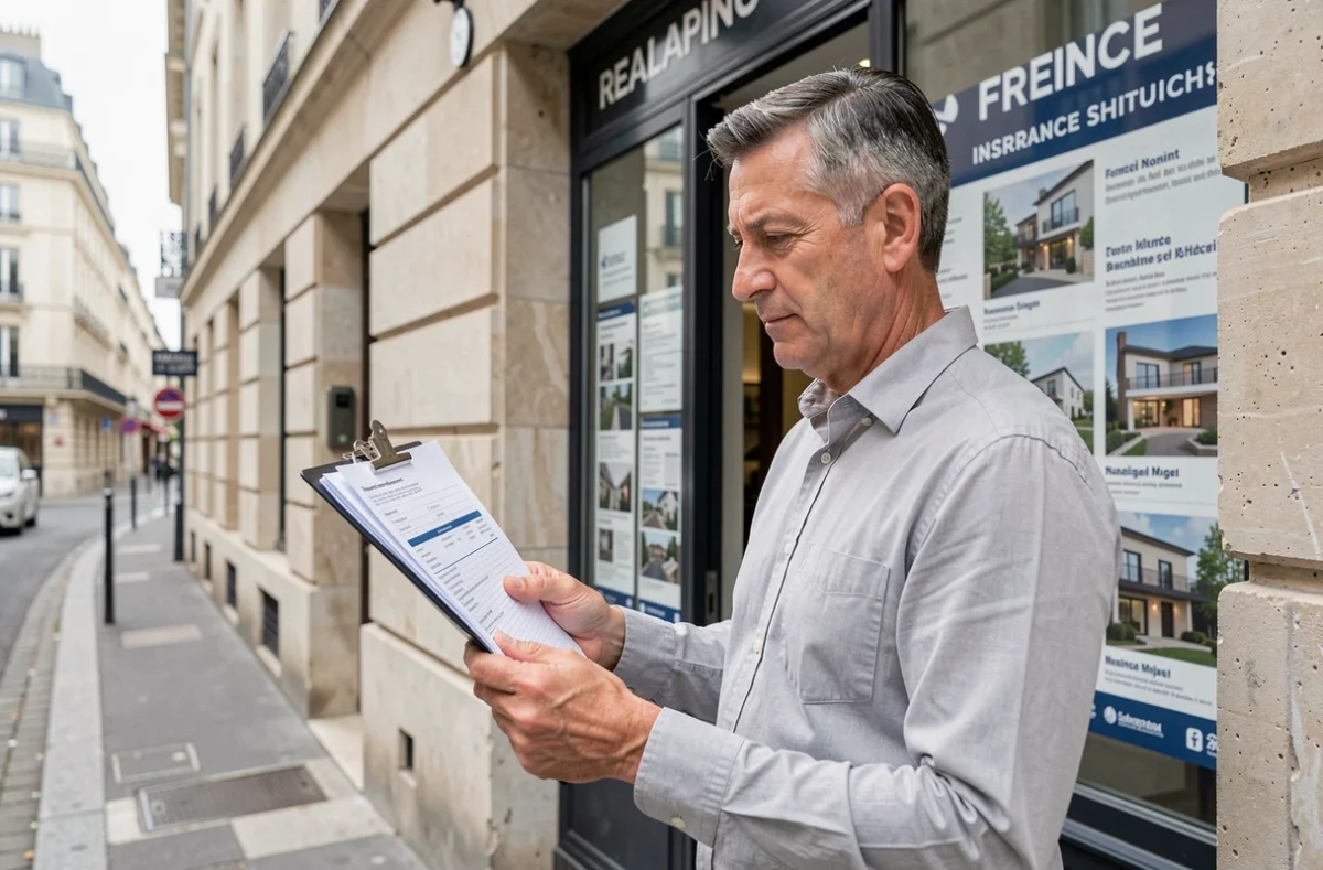 Homme consultant des documents d'assurance habitation devant une agence immobilière, dans le cadre de la loi Hamon