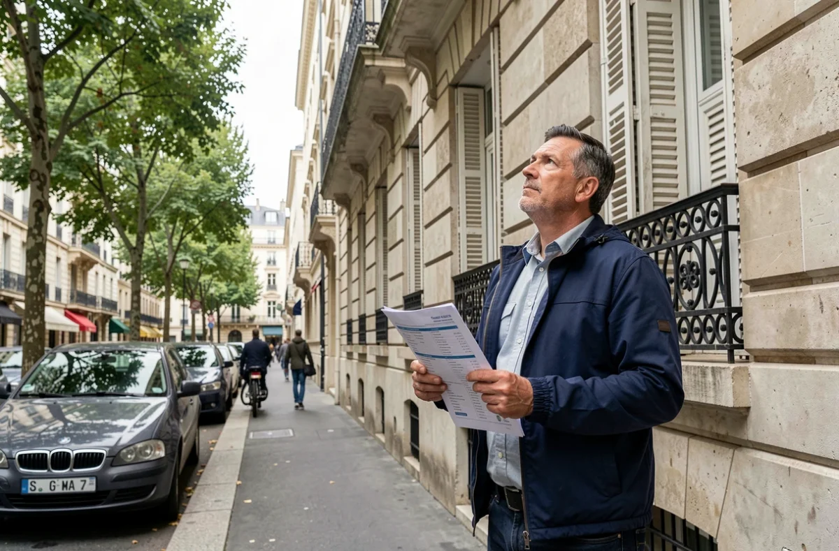 Homme consultant une annonce immobilière devant un immeuble locatif en ville