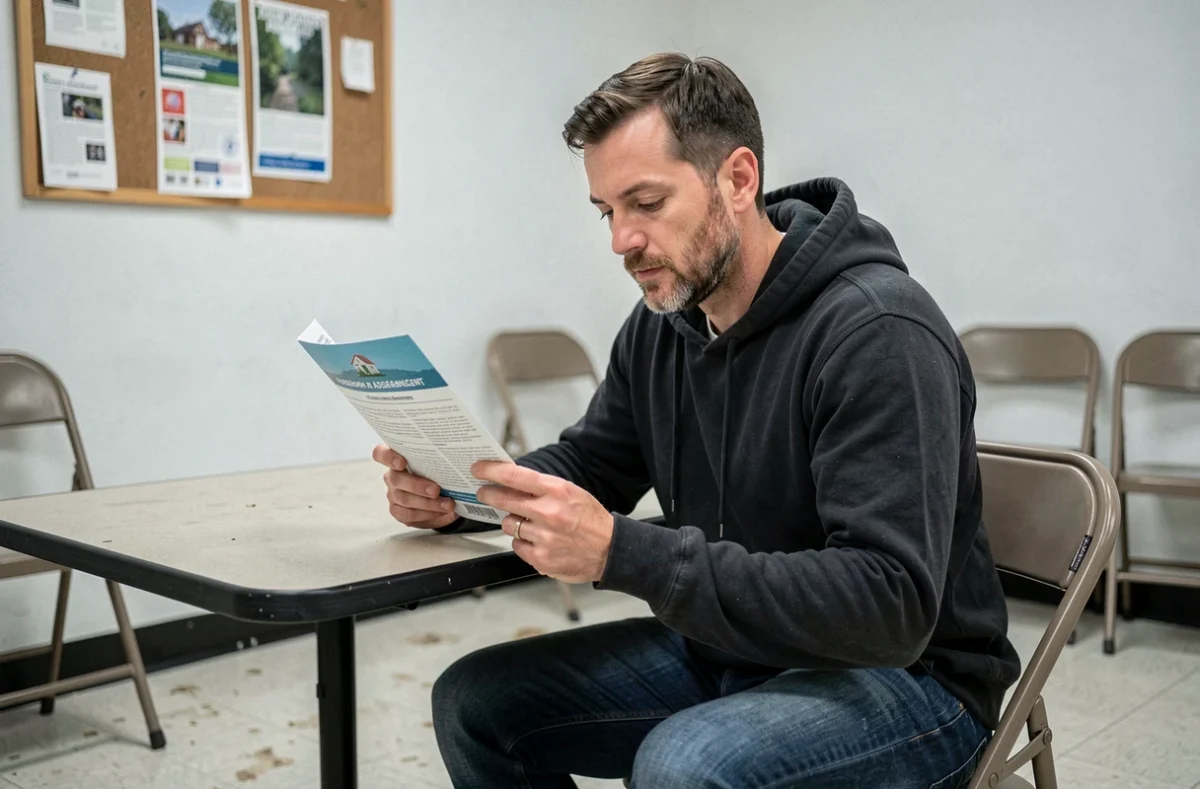 Homme sans emploi consultant une brochure d'aide au logement dans un centre communautaire
