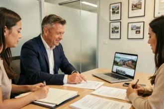 Agent immobilier expliquant les honoraires charge vendeur et charge acquéreur à un couple lors d'une signature de contrat immobilier