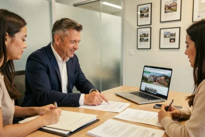 Agent immobilier expliquant les honoraires charge vendeur et charge acquéreur à un couple lors d'une signature de contrat immobilier