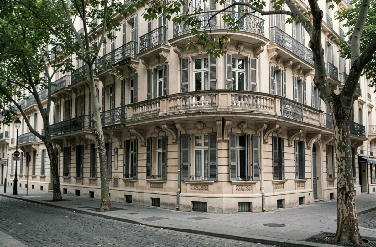Immeuble haussmannien parisien avec balcons en fer forgé et façade en pierre calcaire, style immobilier prisé et à forte valeur de revente
