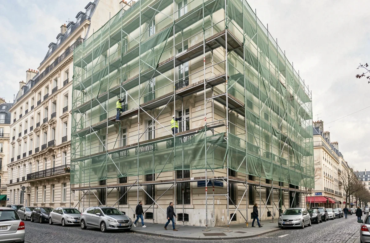 Immeuble haussmannien en travaux de ravalement de façade entièrement recouvert d'échafaudages et de filets de protection dans une rue parisienne