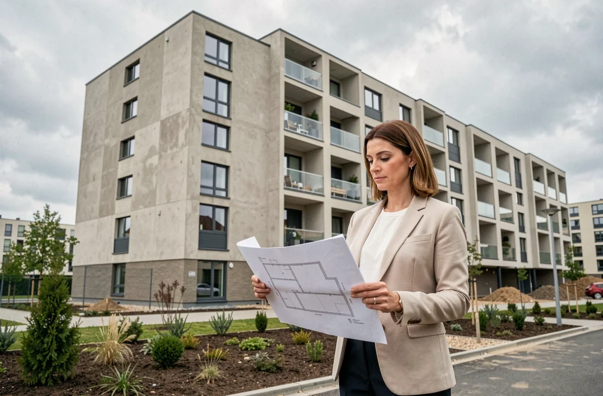 Femme présentant des plans devant un immeuble résidentiel éligible au dispositif Pinel en fin de programme