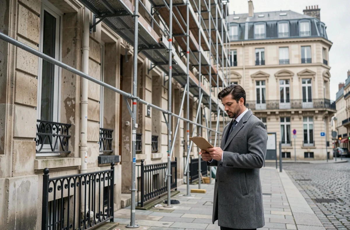 Agent immobilier devant un immeuble en rénovation illustrant le déficit foncier sur charges de travaux