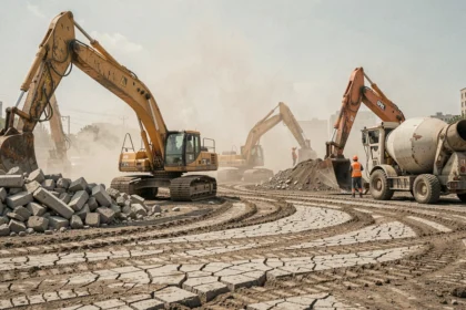 Chantier de construction urbain avec excavatrices et poussière soulevée illustrant l'impact environnemental des travaux