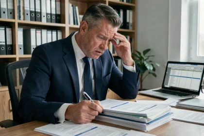 Homme d'affaires stressé examinant des contrats complexes de courtage dans un bureau encombré