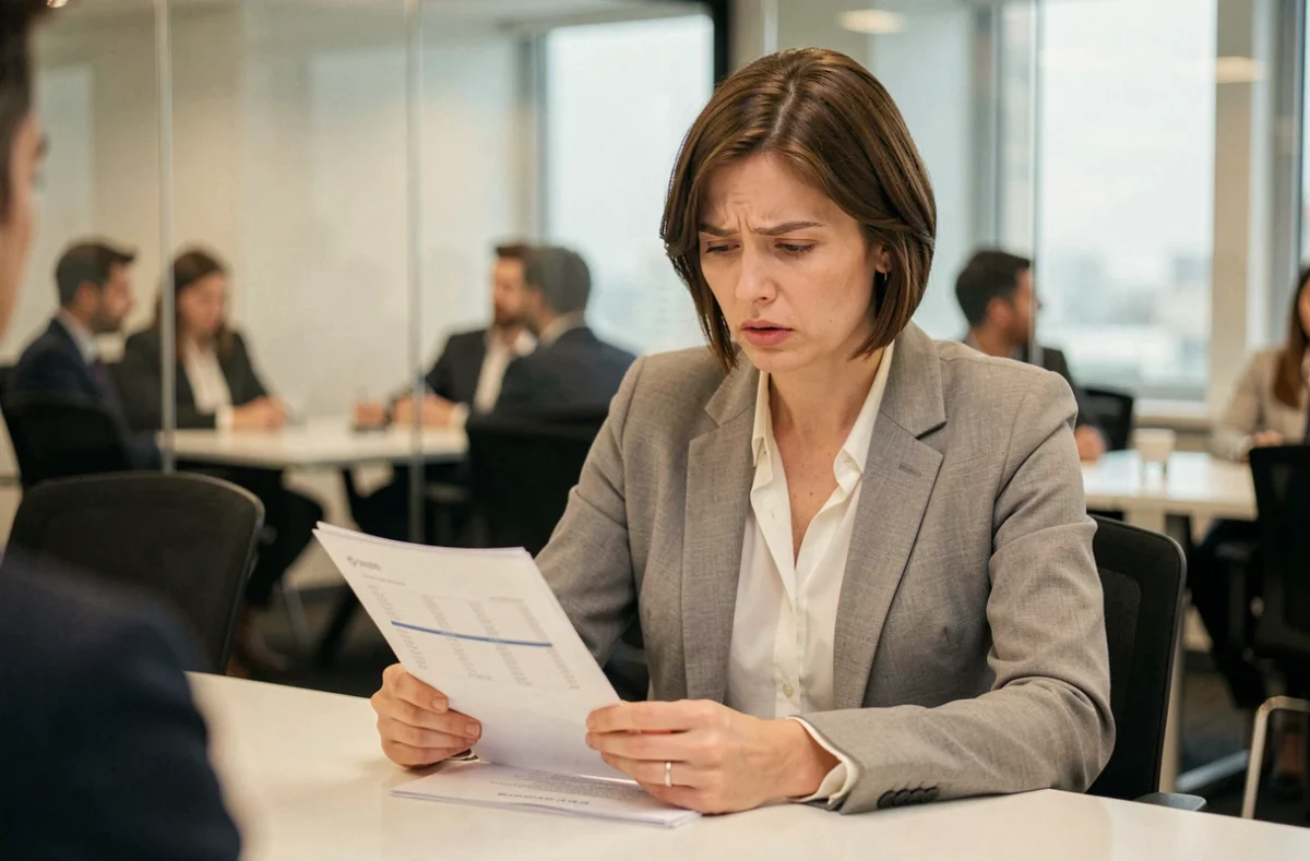 Femme d'affaires dubitative analysant un document financier lors d'une réunion avec un courtier
