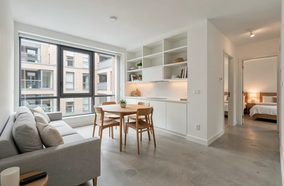Intérieur d'un appartement T3 meublé montrant le séjour et la cuisine ouverte avec leurs dimensions typiques