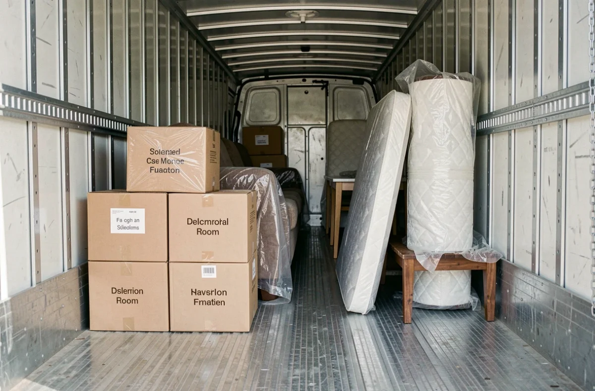 Intérieur d'un camion de 20m3 entièrement chargé avec des cartons étiquetés, un canapé emballé et des meubles protégés par des couvertures