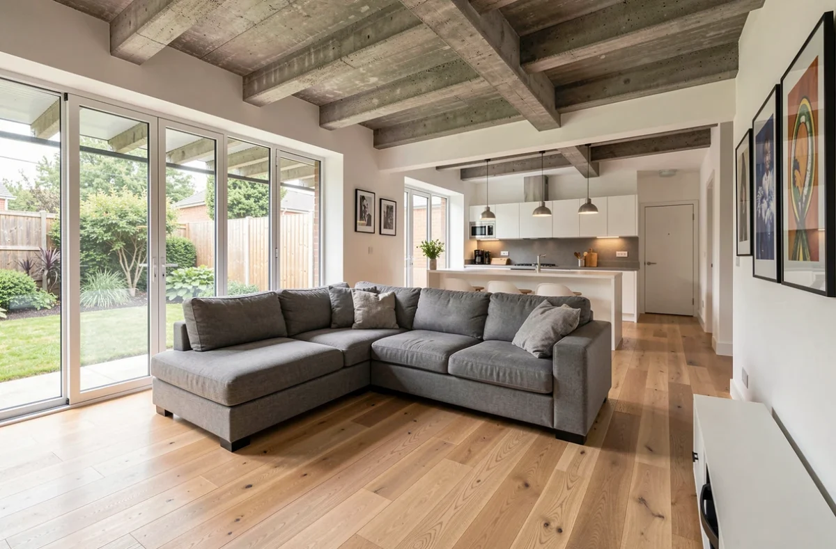 Intérieur moderne d'une maison familiale avec salon en open space, parquet en chêne et grandes fenêtres donnant sur le jardin