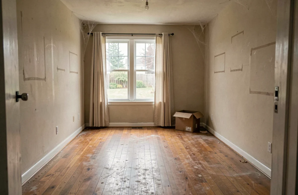 Intérieur vide d'une maison inoccupée avec plancher poussiéreux et murs nus sans mobilier