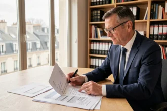 Propriétaire investisseur consultant des documents fiscaux liés à la loi Scellier dans un bureau parisien