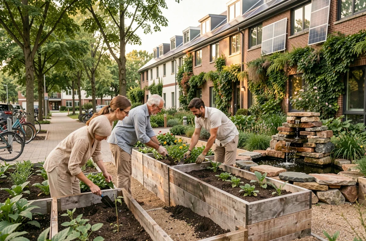Jardin partagé dans un écoquartier urbain avec potagers en bois recyclé, allée piétonne arborée et bâtiments résidentiels durables en arrière-plan