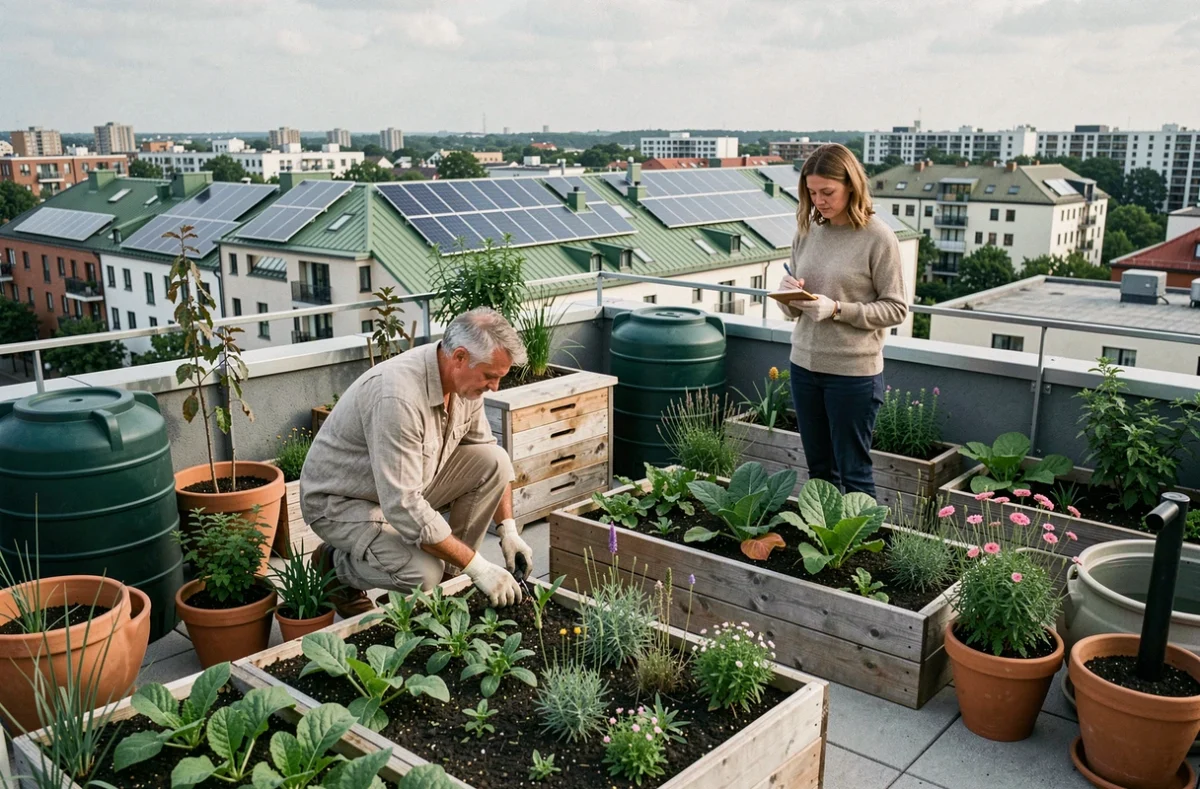 Jardin potager sur toit d'un immeuble en éco-quartier avec collecte d'eau de pluie et ruches, illustrant la dimension environnementale du référentiel éco-quartier