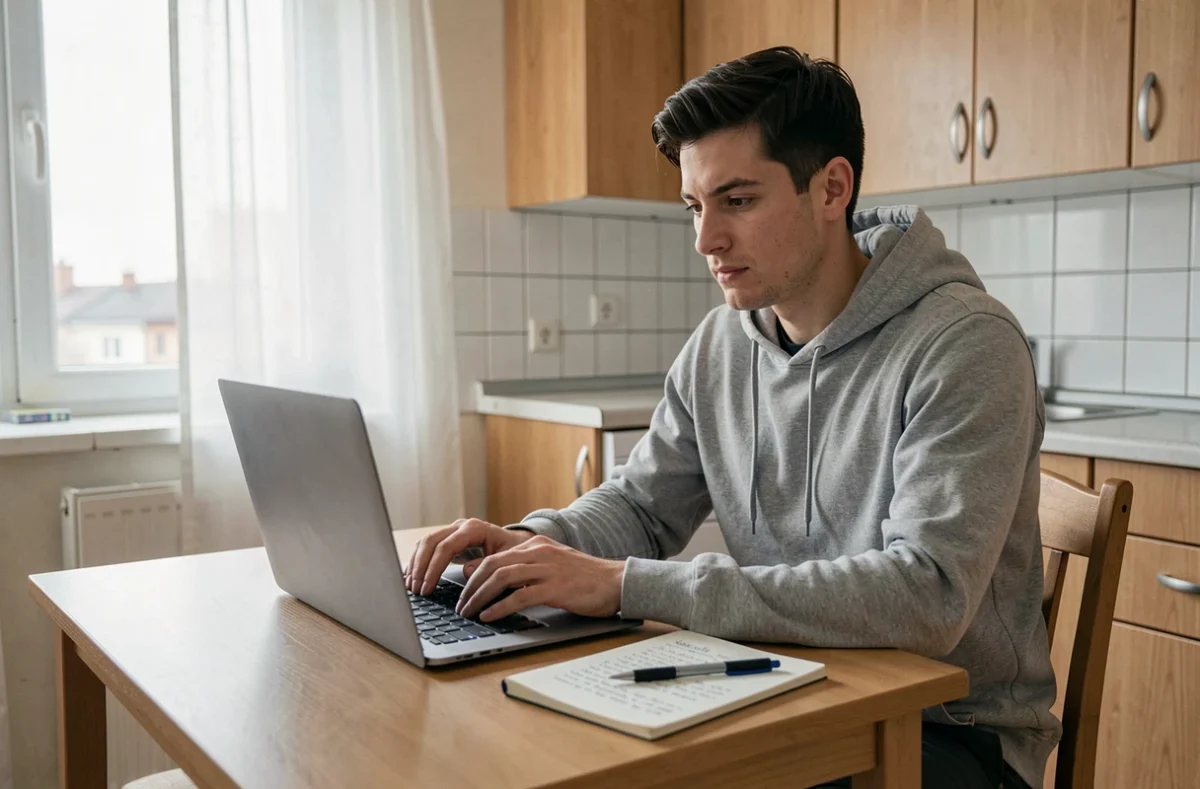 Jeune homme recherchant une aide au logement sur son ordinateur portable dans sa cuisine