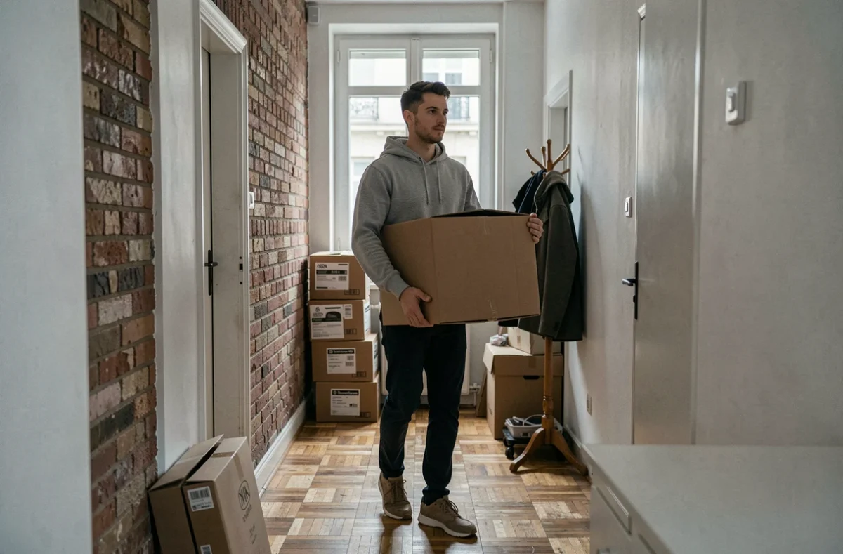 Jeune homme déménageant dans un appartement en location à Paris, illustrant la mobilité résidentielle des locataires urbains en France