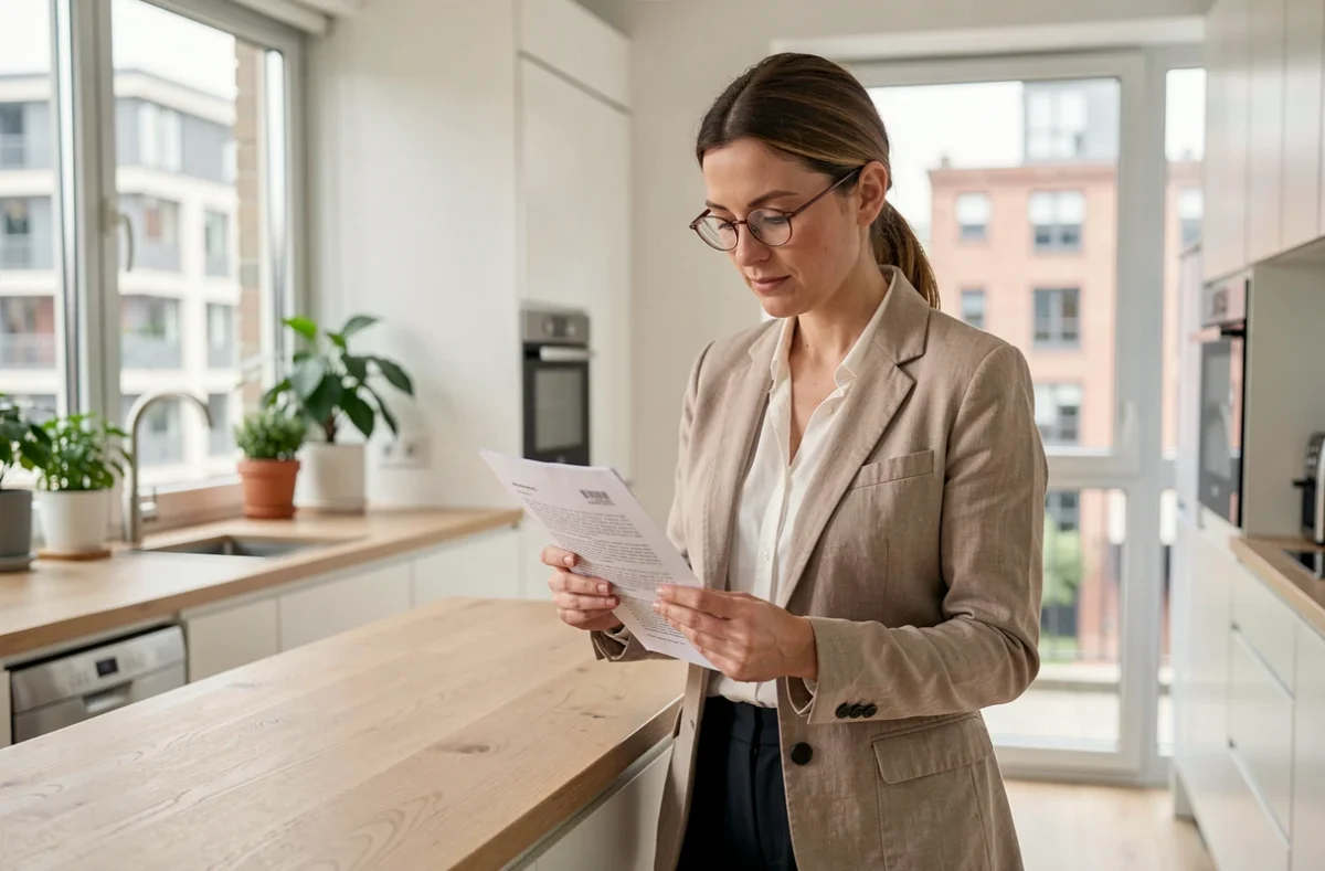 Femme lisant attentivement un compromis de vente immobilière pour comprendre les frais d'agence à la charge de l'acquéreur