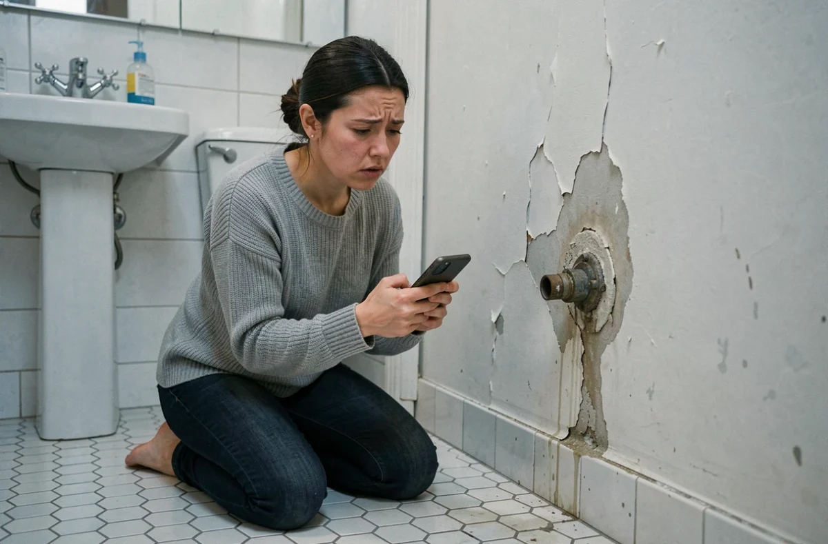 Locataire inquiète constatant des dégâts des eaux sur le mur de sa salle de bain