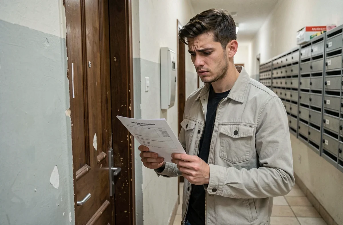 Jeune locataire scrutant un formulaire de candidature locative dans un couloir d'immeuble résidentiel
