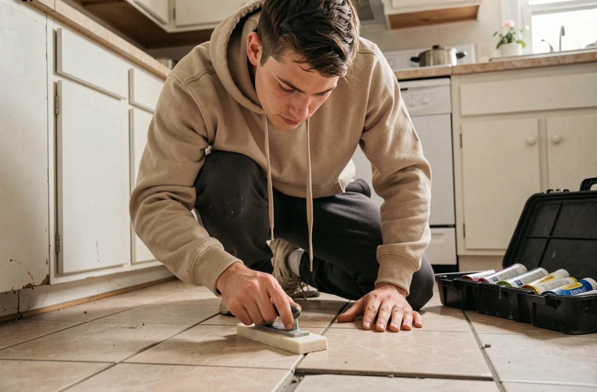 Jeune locataire remplaçant un carrelage cassé dans la cuisine de son appartement