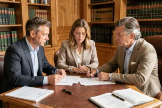 Couple en train de signer un contrat de location avec promesse de vente chez un notaire