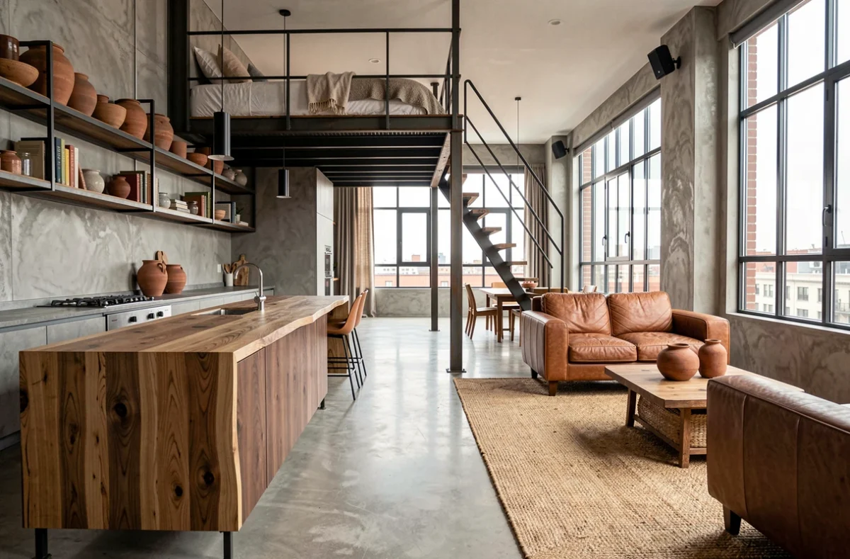 Loft moderne entièrement aménagé avec sol en béton ciré, cuisine ouverte en chêne brut et escalier en acier donnant sur une mezzanine
