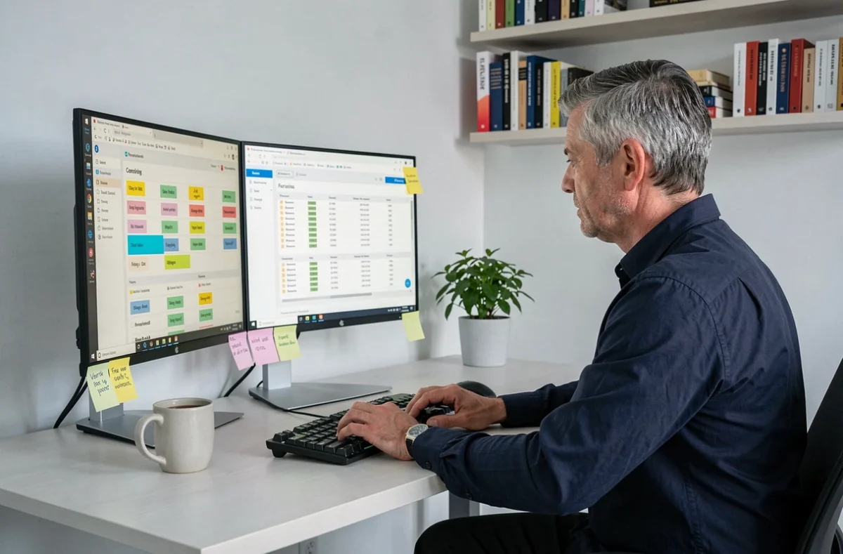 Homme utilisant un logiciel de corpus linguistique sur ordinateur pour analyser et rechercher des collocations