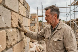 Maçon inspectant la stabilité d'un mur en pierre sur un chantier de construction