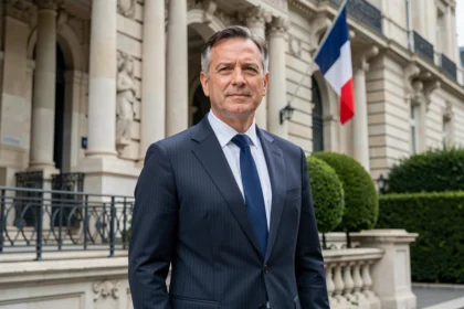 Portrait officiel du maire du 16e arrondissement de Paris devant la mairie haussmannienne